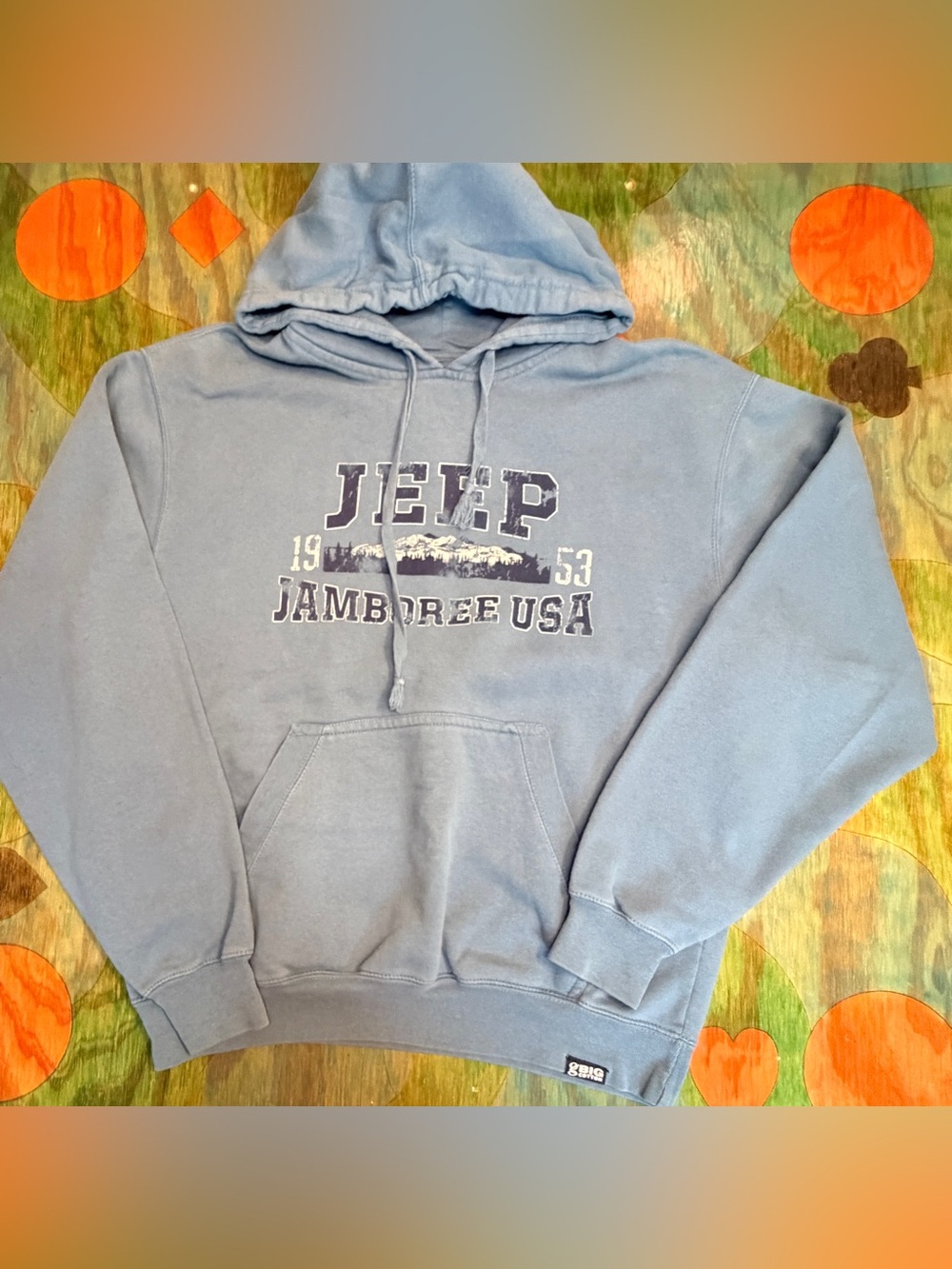 Mens Hoodie Jeep Jamboree USA 1953 Blue Size Medium Gear for Sports Cotton Polye